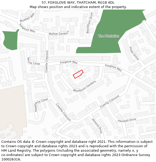 57, FOXGLOVE WAY, THATCHAM, RG18 4DL: Location map and indicative extent of plot