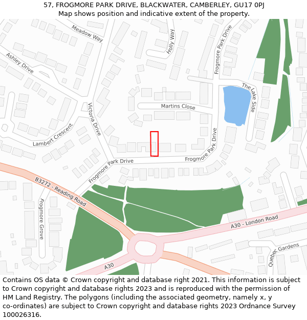 57, FROGMORE PARK DRIVE, BLACKWATER, CAMBERLEY, GU17 0PJ: Location map and indicative extent of plot