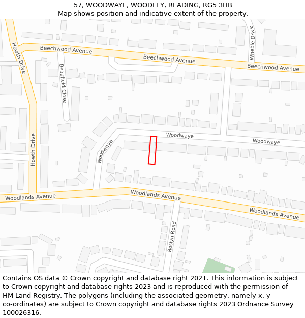 57, WOODWAYE, WOODLEY, READING, RG5 3HB: Location map and indicative extent of plot