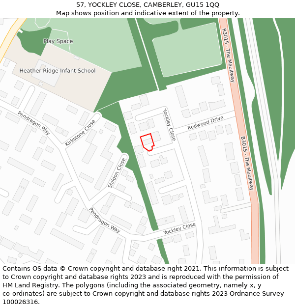 57, YOCKLEY CLOSE, CAMBERLEY, GU15 1QQ: Location map and indicative extent of plot