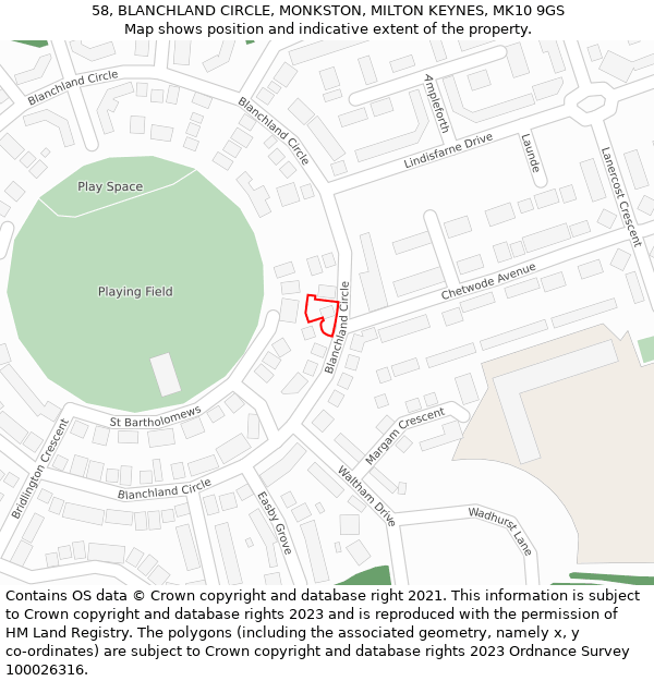 58, BLANCHLAND CIRCLE, MONKSTON, MILTON KEYNES, MK10 9GS: Location map and indicative extent of plot