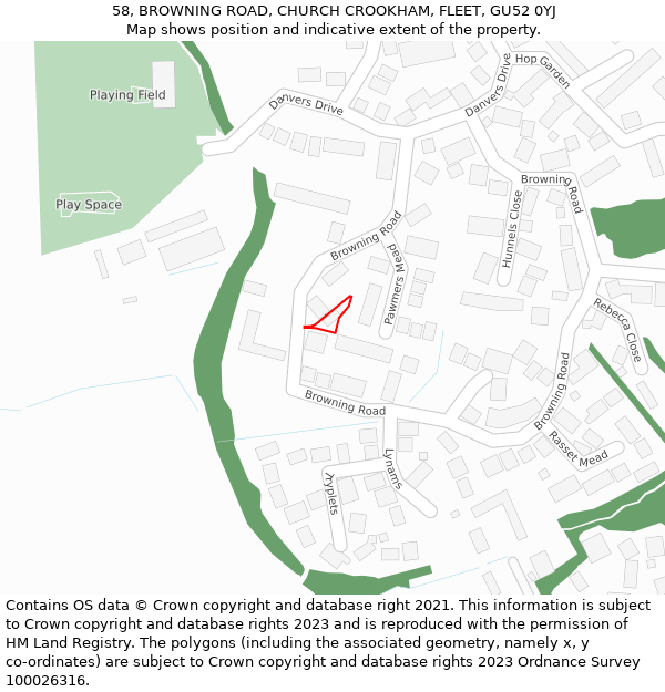 58, BROWNING ROAD, CHURCH CROOKHAM, FLEET, GU52 0YJ: Location map and indicative extent of plot