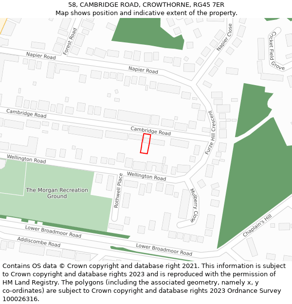58, CAMBRIDGE ROAD, CROWTHORNE, RG45 7ER: Location map and indicative extent of plot
