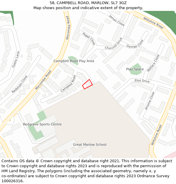 58, CAMPBELL ROAD, MARLOW, SL7 3GZ: Location map and indicative extent of plot