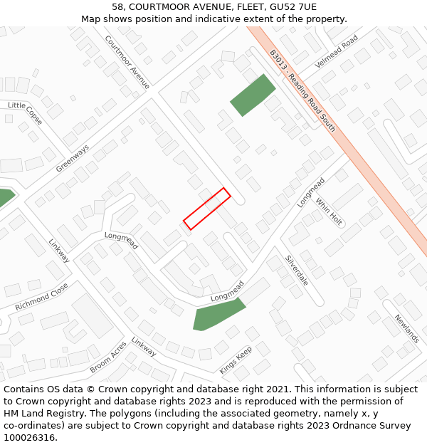 58, COURTMOOR AVENUE, FLEET, GU52 7UE: Location map and indicative extent of plot