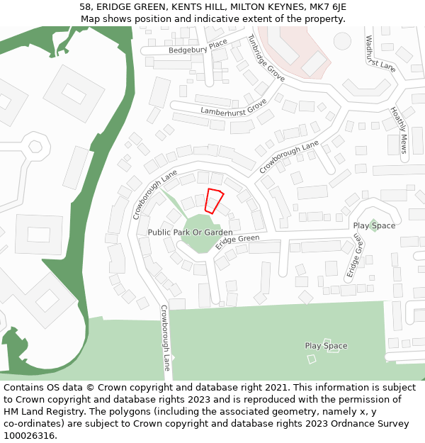 58, ERIDGE GREEN, KENTS HILL, MILTON KEYNES, MK7 6JE: Location map and indicative extent of plot