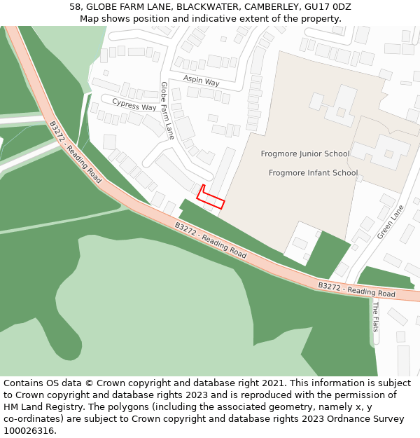 58, GLOBE FARM LANE, BLACKWATER, CAMBERLEY, GU17 0DZ: Location map and indicative extent of plot