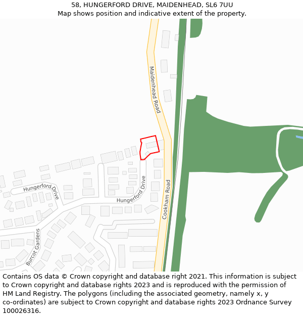 58, HUNGERFORD DRIVE, MAIDENHEAD, SL6 7UU: Location map and indicative extent of plot