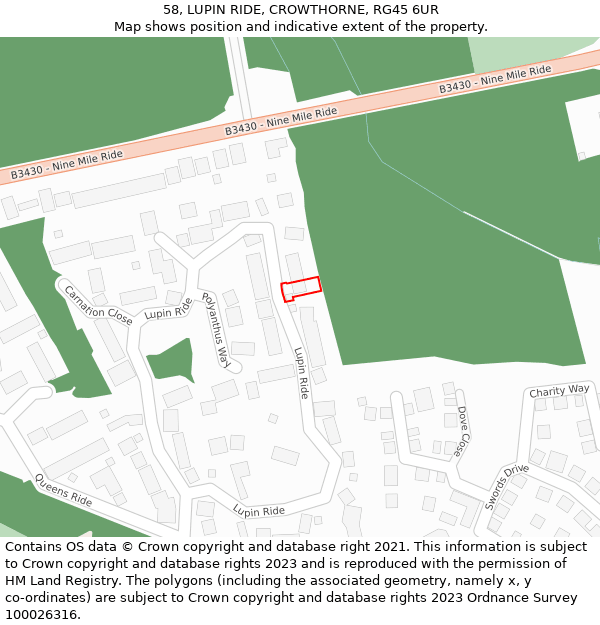 58, LUPIN RIDE, CROWTHORNE, RG45 6UR: Location map and indicative extent of plot