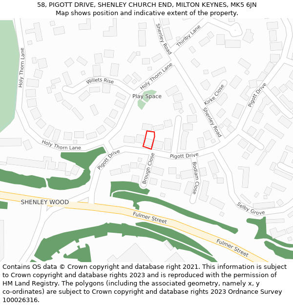 58, PIGOTT DRIVE, SHENLEY CHURCH END, MILTON KEYNES, MK5 6JN: Location map and indicative extent of plot