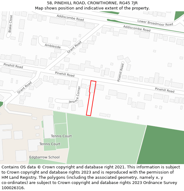 58, PINEHILL ROAD, CROWTHORNE, RG45 7JR: Location map and indicative extent of plot