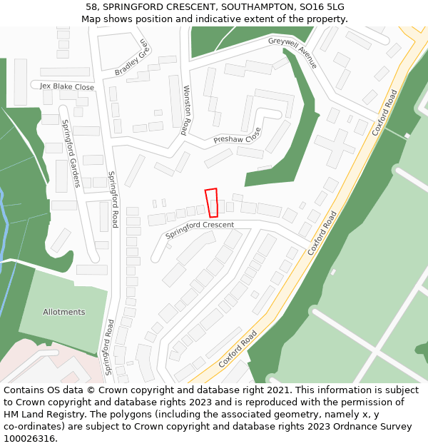 58, SPRINGFORD CRESCENT, SOUTHAMPTON, SO16 5LG: Location map and indicative extent of plot