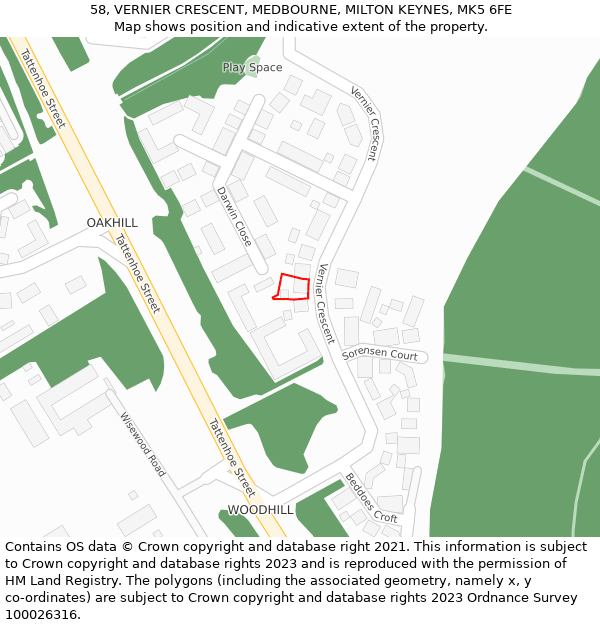 58, VERNIER CRESCENT, MEDBOURNE, MILTON KEYNES, MK5 6FE: Location map and indicative extent of plot