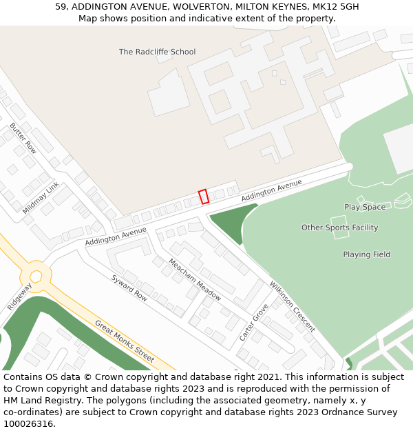 59, ADDINGTON AVENUE, WOLVERTON, MILTON KEYNES, MK12 5GH: Location map and indicative extent of plot