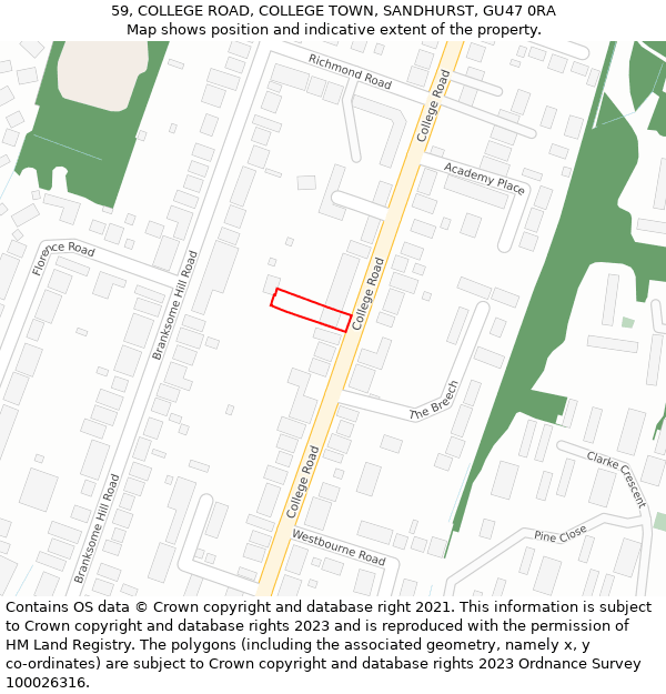 59, COLLEGE ROAD, COLLEGE TOWN, SANDHURST, GU47 0RA: Location map and indicative extent of plot