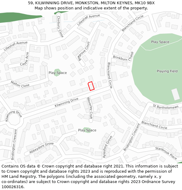 59, KILWINNING DRIVE, MONKSTON, MILTON KEYNES, MK10 9BX: Location map and indicative extent of plot