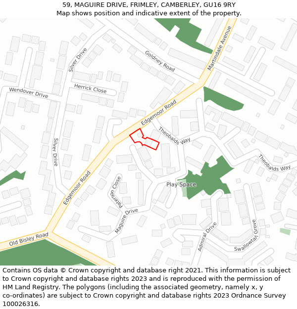 59, MAGUIRE DRIVE, FRIMLEY, CAMBERLEY, GU16 9RY: Location map and indicative extent of plot