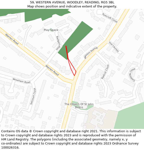 59, WESTERN AVENUE, WOODLEY, READING, RG5 3BL: Location map and indicative extent of plot