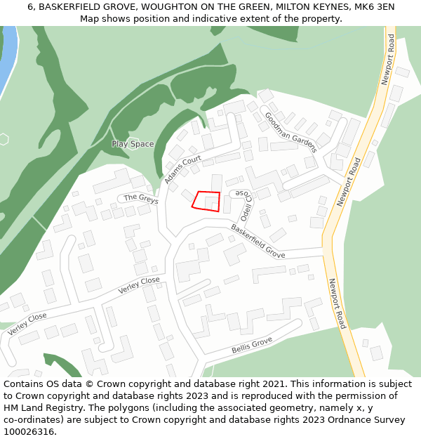 6, BASKERFIELD GROVE, WOUGHTON ON THE GREEN, MILTON KEYNES, MK6 3EN: Location map and indicative extent of plot