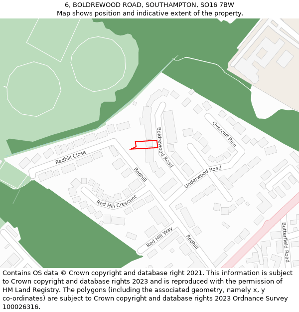 6, BOLDREWOOD ROAD, SOUTHAMPTON, SO16 7BW: Location map and indicative extent of plot