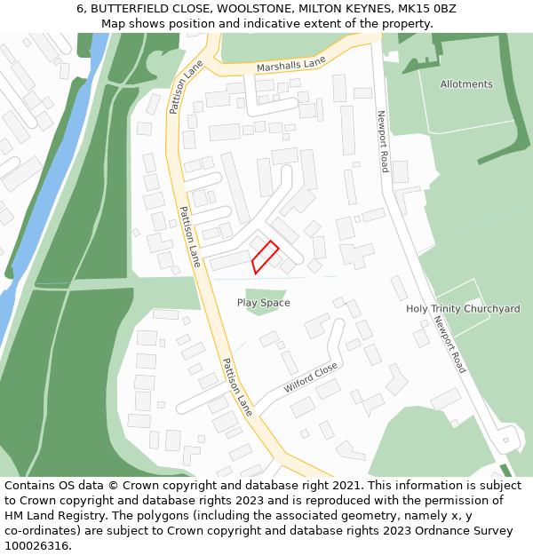 6, BUTTERFIELD CLOSE, WOOLSTONE, MILTON KEYNES, MK15 0BZ: Location map and indicative extent of plot