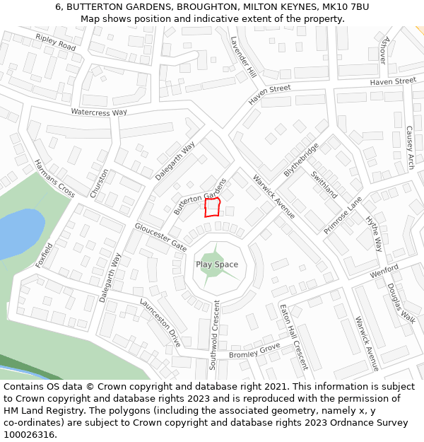 6, BUTTERTON GARDENS, BROUGHTON, MILTON KEYNES, MK10 7BU: Location map and indicative extent of plot