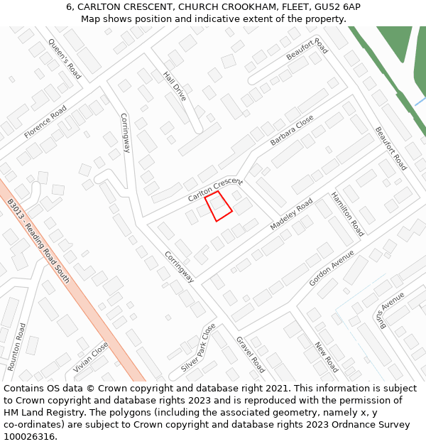 6, CARLTON CRESCENT, CHURCH CROOKHAM, FLEET, GU52 6AP: Location map and indicative extent of plot