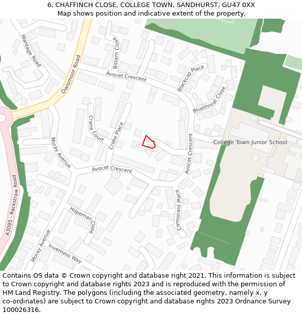 6, CHAFFINCH CLOSE, COLLEGE TOWN, SANDHURST, GU47 0XX: Location map and indicative extent of plot
