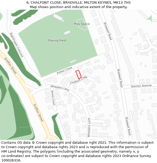 6, CHALFONT CLOSE, BRADVILLE, MILTON KEYNES, MK13 7HS: Location map and indicative extent of plot