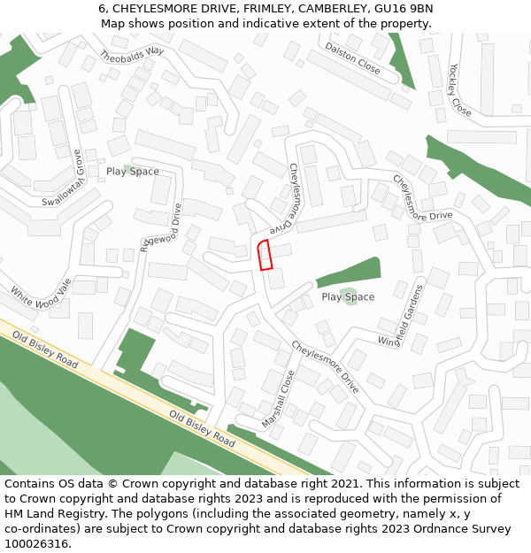 6, CHEYLESMORE DRIVE, FRIMLEY, CAMBERLEY, GU16 9BN: Location map and indicative extent of plot