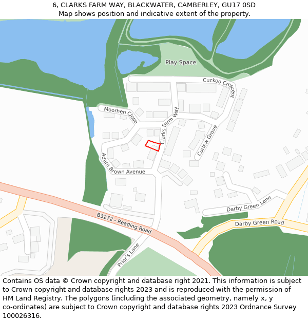 6, CLARKS FARM WAY, BLACKWATER, CAMBERLEY, GU17 0SD: Location map and indicative extent of plot