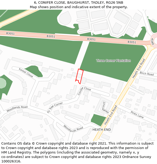 6, CONIFER CLOSE, BAUGHURST, TADLEY, RG26 5NB: Location map and indicative extent of plot