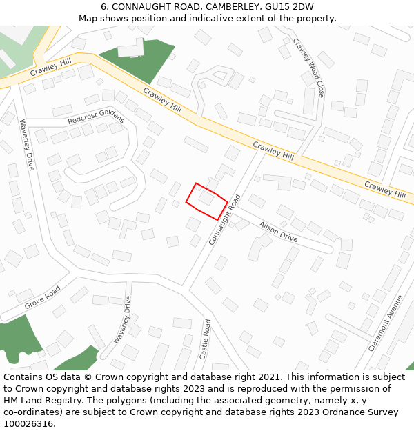 6, CONNAUGHT ROAD, CAMBERLEY, GU15 2DW: Location map and indicative extent of plot