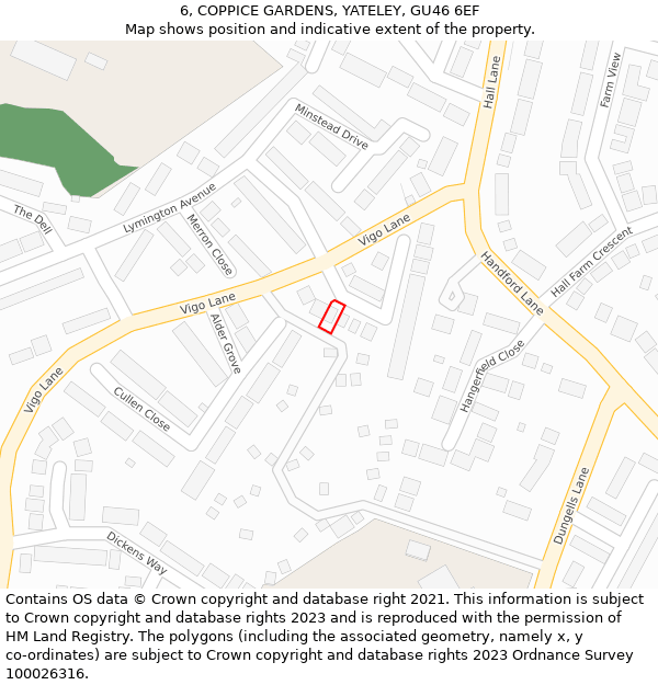 6, COPPICE GARDENS, YATELEY, GU46 6EF: Location map and indicative extent of plot