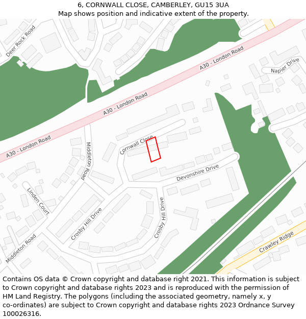 6, CORNWALL CLOSE, CAMBERLEY, GU15 3UA: Location map and indicative extent of plot