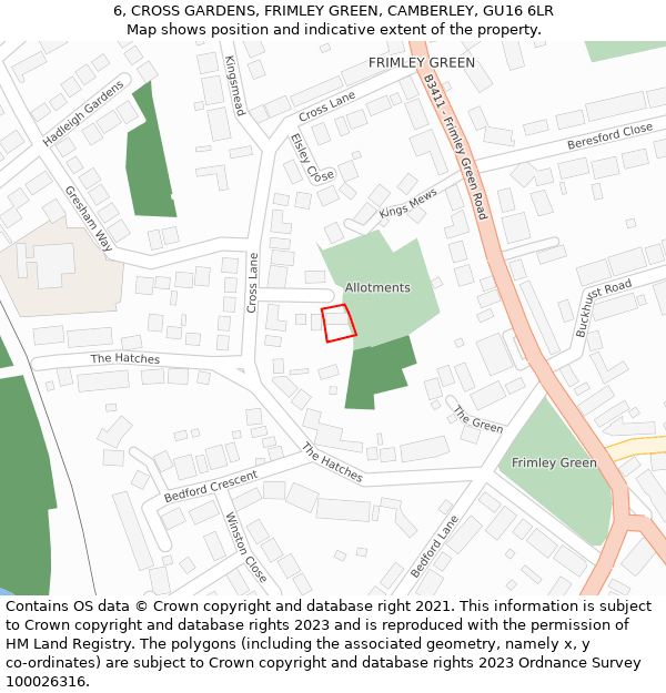 6, CROSS GARDENS, FRIMLEY GREEN, CAMBERLEY, GU16 6LR: Location map and indicative extent of plot