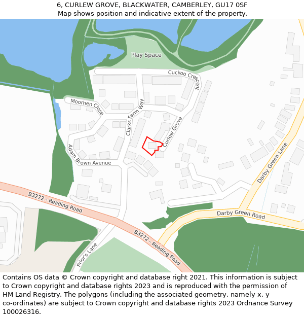 6, CURLEW GROVE, BLACKWATER, CAMBERLEY, GU17 0SF: Location map and indicative extent of plot