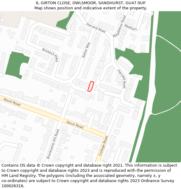 6, GIRTON CLOSE, OWLSMOOR, SANDHURST, GU47 0UP: Location map and indicative extent of plot