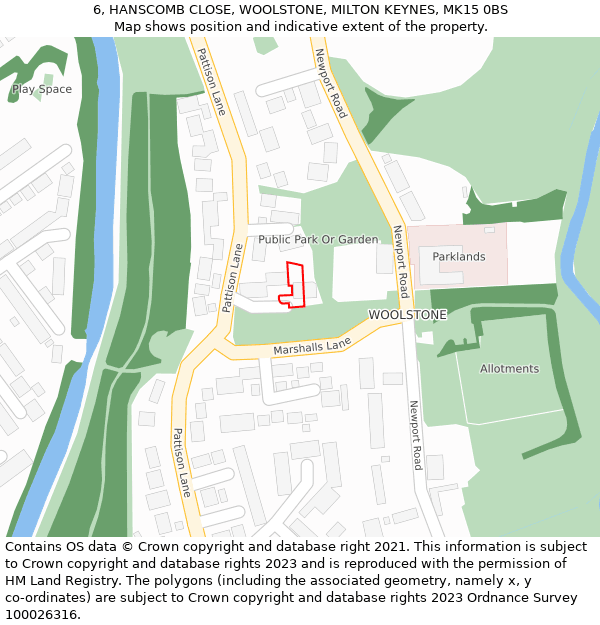 6, HANSCOMB CLOSE, WOOLSTONE, MILTON KEYNES, MK15 0BS: Location map and indicative extent of plot