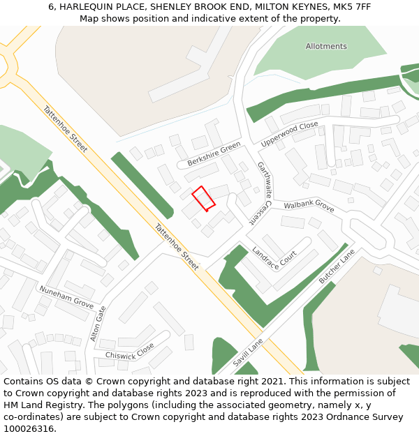 6, HARLEQUIN PLACE, SHENLEY BROOK END, MILTON KEYNES, MK5 7FF: Location map and indicative extent of plot