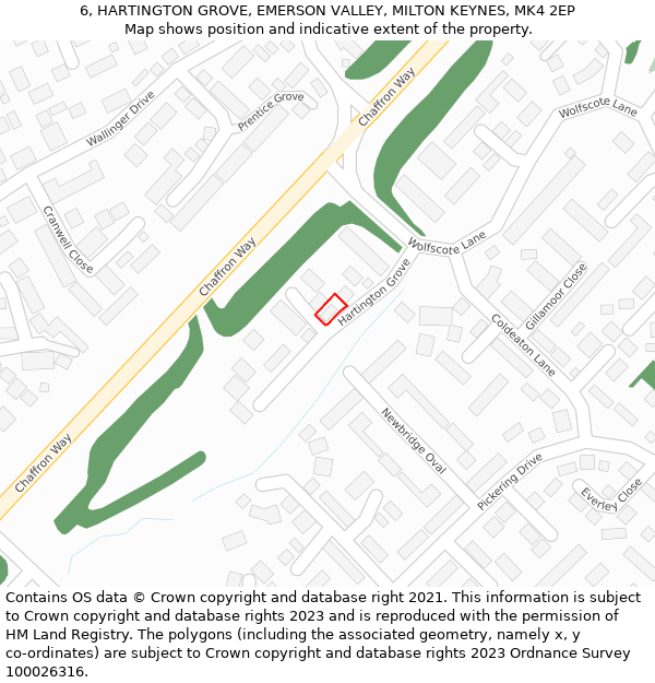 6, HARTINGTON GROVE, EMERSON VALLEY, MILTON KEYNES, MK4 2EP: Location map and indicative extent of plot