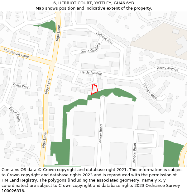 6, HERRIOT COURT, YATELEY, GU46 6YB: Location map and indicative extent of plot