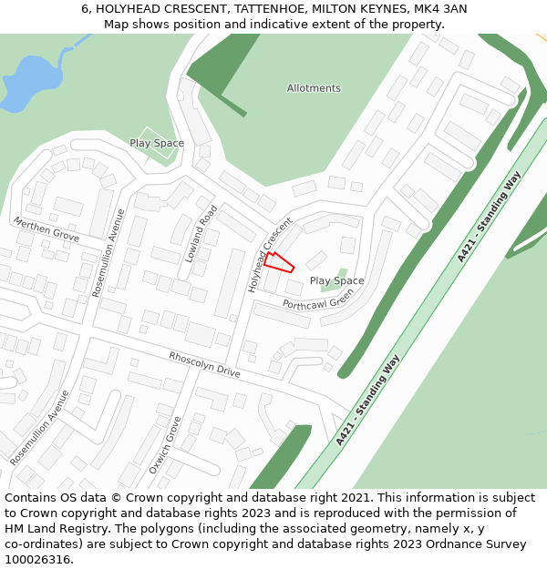 6, HOLYHEAD CRESCENT, TATTENHOE, MILTON KEYNES, MK4 3AN: Location map and indicative extent of plot