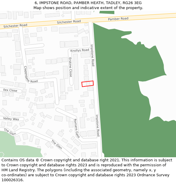 6, IMPSTONE ROAD, PAMBER HEATH, TADLEY, RG26 3EG: Location map and indicative extent of plot