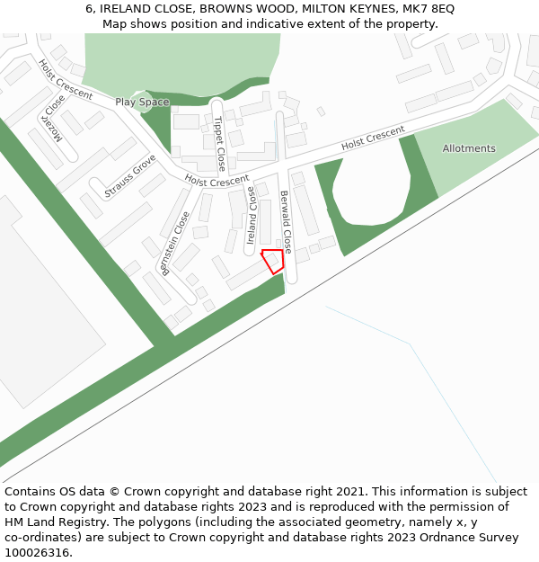 6, IRELAND CLOSE, BROWNS WOOD, MILTON KEYNES, MK7 8EQ: Location map and indicative extent of plot