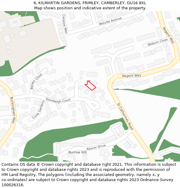 6, KILMARTIN GARDENS, FRIMLEY, CAMBERLEY, GU16 8XL: Location map and indicative extent of plot