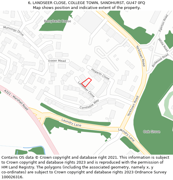 6, LANDSEER CLOSE, COLLEGE TOWN, SANDHURST, GU47 0FQ: Location map and indicative extent of plot