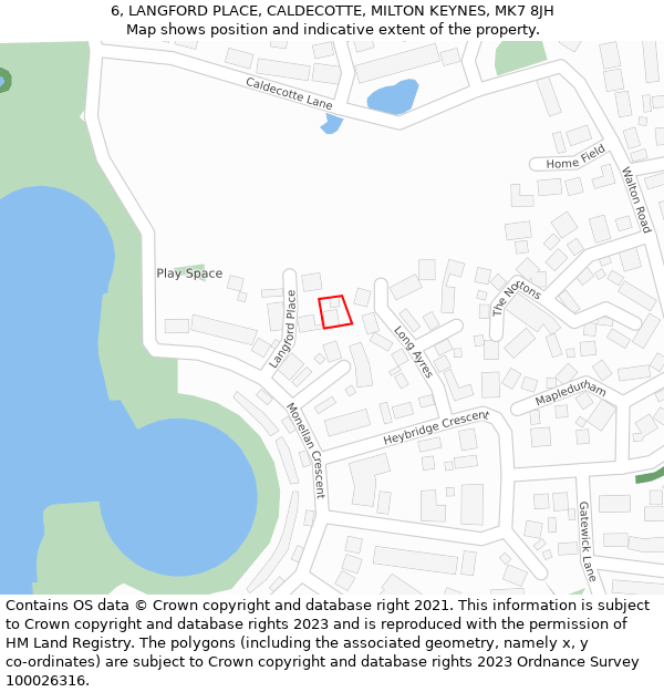 6, LANGFORD PLACE, CALDECOTTE, MILTON KEYNES, MK7 8JH: Location map and indicative extent of plot