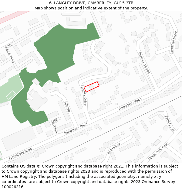 6, LANGLEY DRIVE, CAMBERLEY, GU15 3TB: Location map and indicative extent of plot