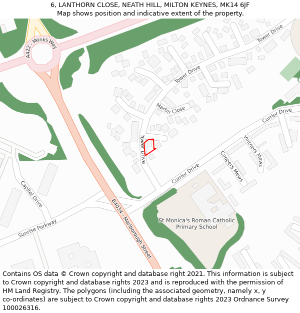 6, LANTHORN CLOSE, NEATH HILL, MILTON KEYNES, MK14 6JF: Location map and indicative extent of plot